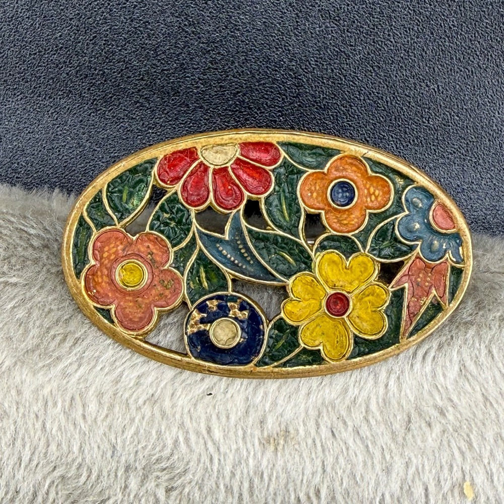 Vintage Estate Brooch Gold Multi-color Cloisonne Enamel Floral Oval Pin